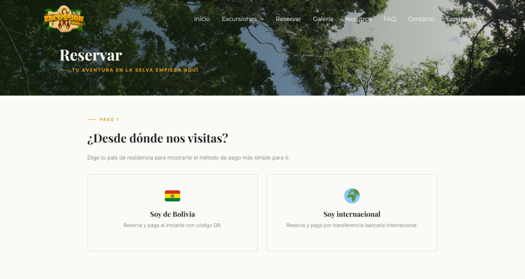 Le nouveau site multilingue d'Escorpion Travels présentant leur catalogue d'excursions en Amazonie bolivienne